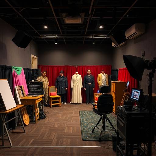 De backstage ruimte, met rekwisieten, kostuums en technische apparatuur, in aanloop naar een voorstelling.