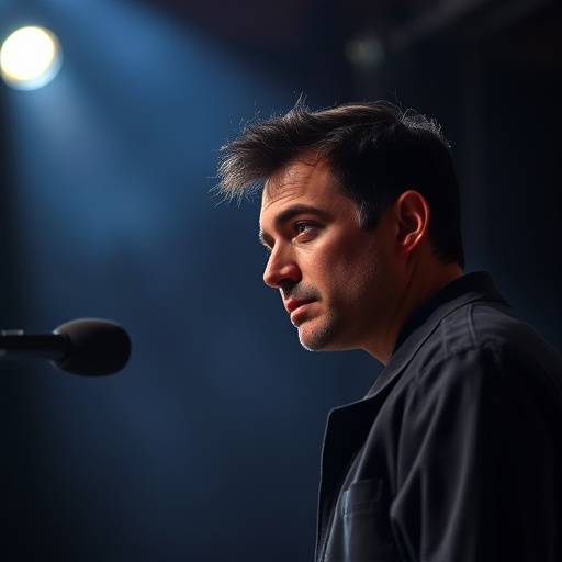 Een acteur staat geconcentreerd op een podium, belicht door een spotlight.