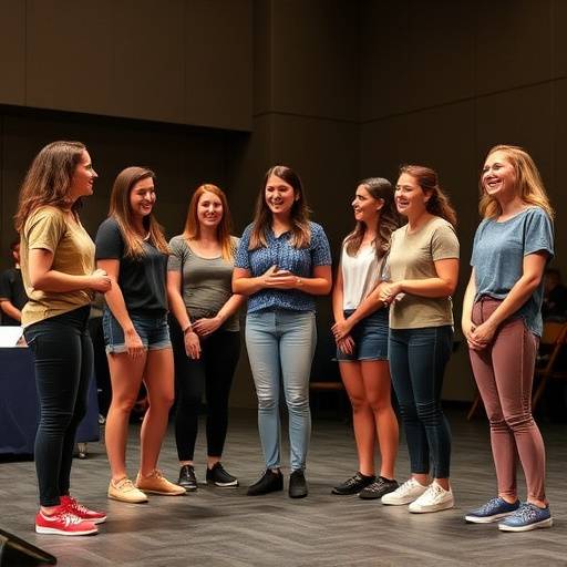 Een groep studenten die lachend een improvisatie-oefening doen op het podium van Het Podium.