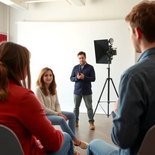 Een groep studenten die met plezier acteerles volgen in een studio, gefocust op de docent.