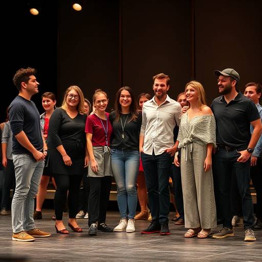 Een groep studenten en docenten staan samen op het podium, na een succesvolle voorstelling, en lachen naar de camera.