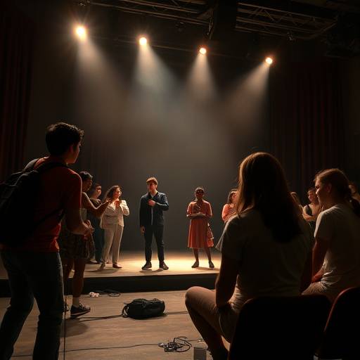 Een groep studenten oefent een dramatische sc&Atilde;&uml;ne op een sfeervol theaterpodium.