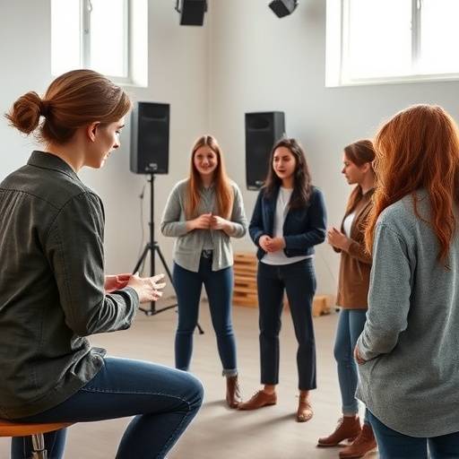 Een groep studenten oefent samen een sc√®ne in een lichte studio.