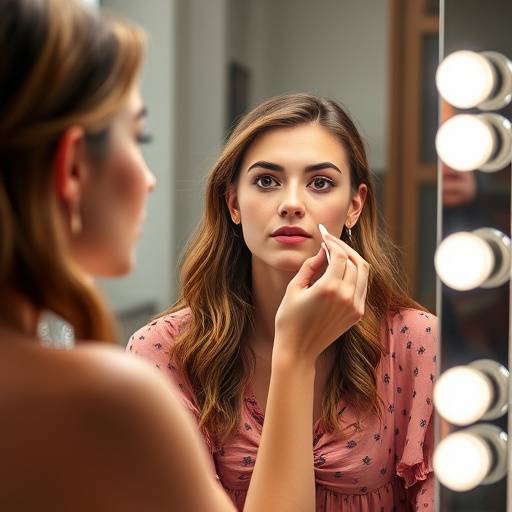 Een student concentreert zich terwijl hij zijn make-up aanbrengt voor een rol in de spiegel van de kleedkamer.