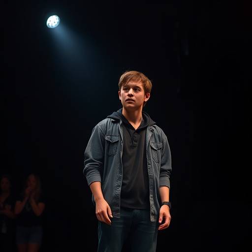 Een student staat alleen op het podium, verlicht door een enkele spot, en spreekt een indringende monoloog uit.