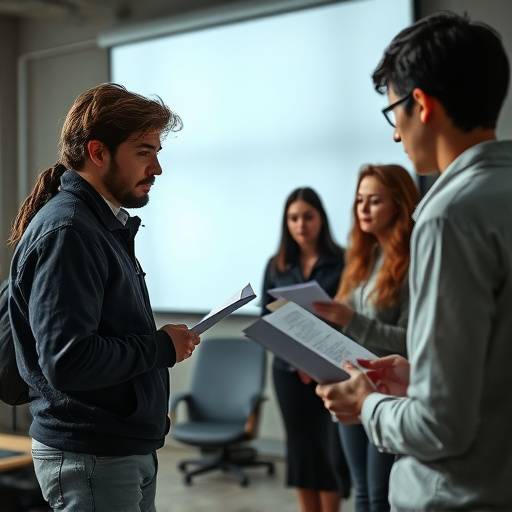Studenten in gesprek met een regisseur tijdens een repetitie, met scripts op schoot.