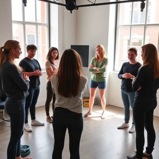 Studenten tijdens een acteerles met focus op lichaamstaal in een studio in Amsterdam.
